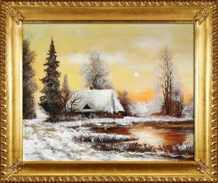 Obraz "Dworki, mlyny, chaty," ręcznie malowany 54x64cm